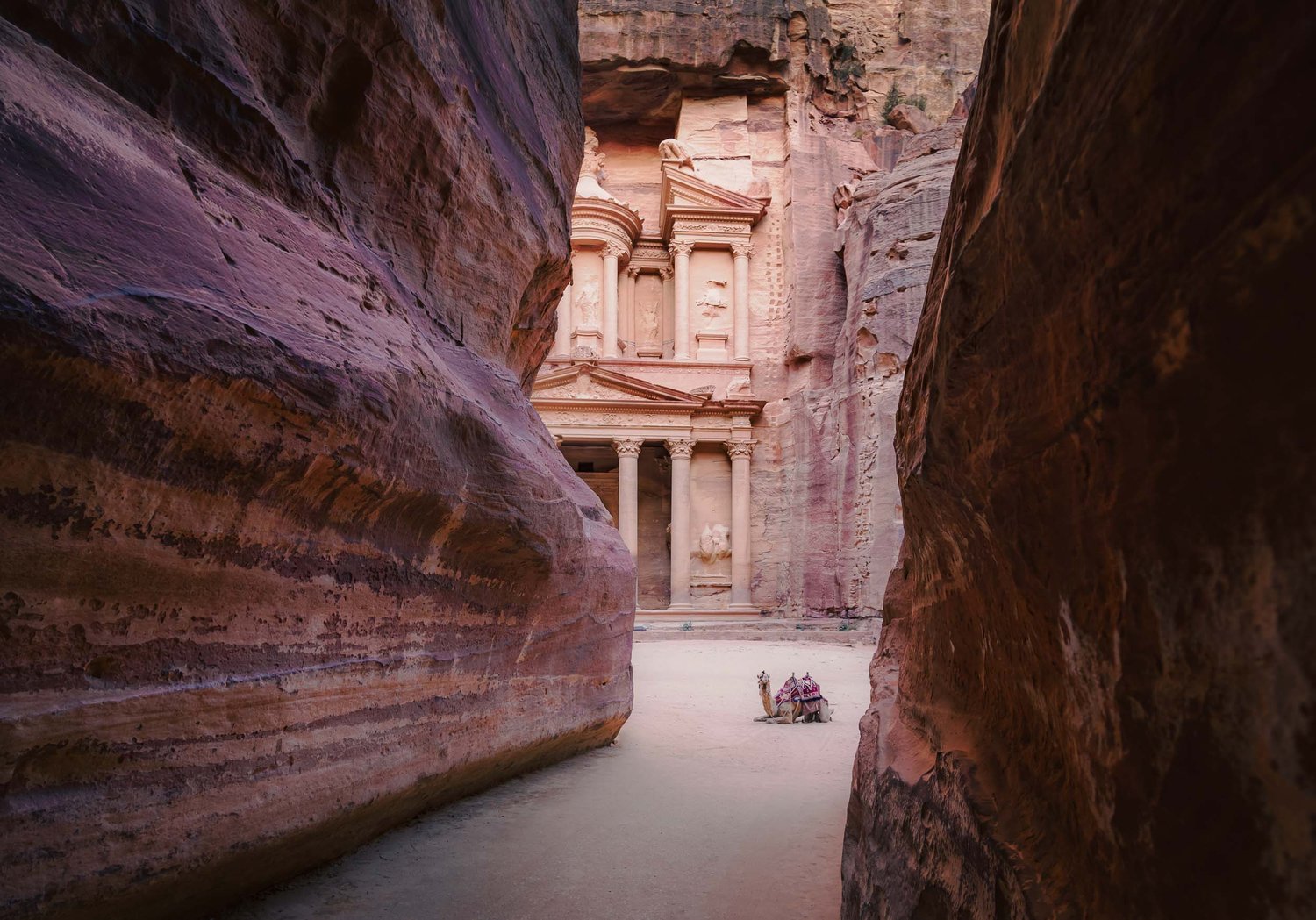 A narrow canyon pathway known as the Siq in Petra, Jordan, showcasing towering sandstone cliffs on either side, with sunlight casting dramatic shadows and illuminating the rocky terrain.