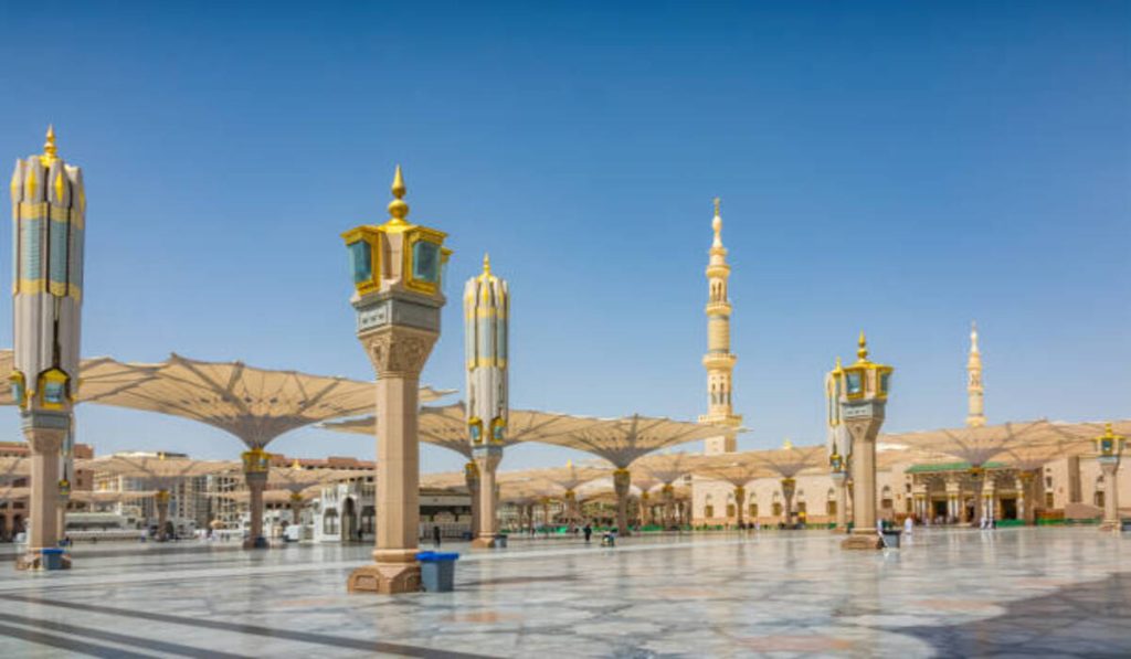Courtyard of the Al Haram or Al-Masjid an-Nabawi mosque in Medina Saudi Arabia 
