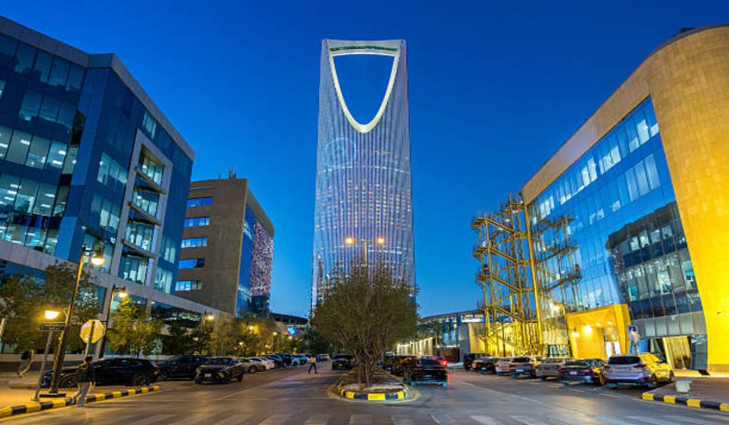 Riyadh skyline Kingdom Centre Tower landmark skyscraper building at night in Riyadh