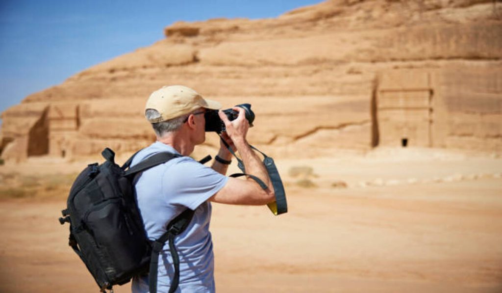 Photographing iconic rock-cut tombs in Saudi Arabia.
