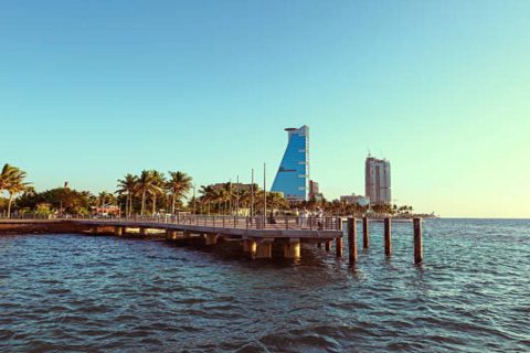 Modern skyscraper and luxury skyline on Jeddah waterfront corniche at sunset, Red Sea coast, Saudi Arabia