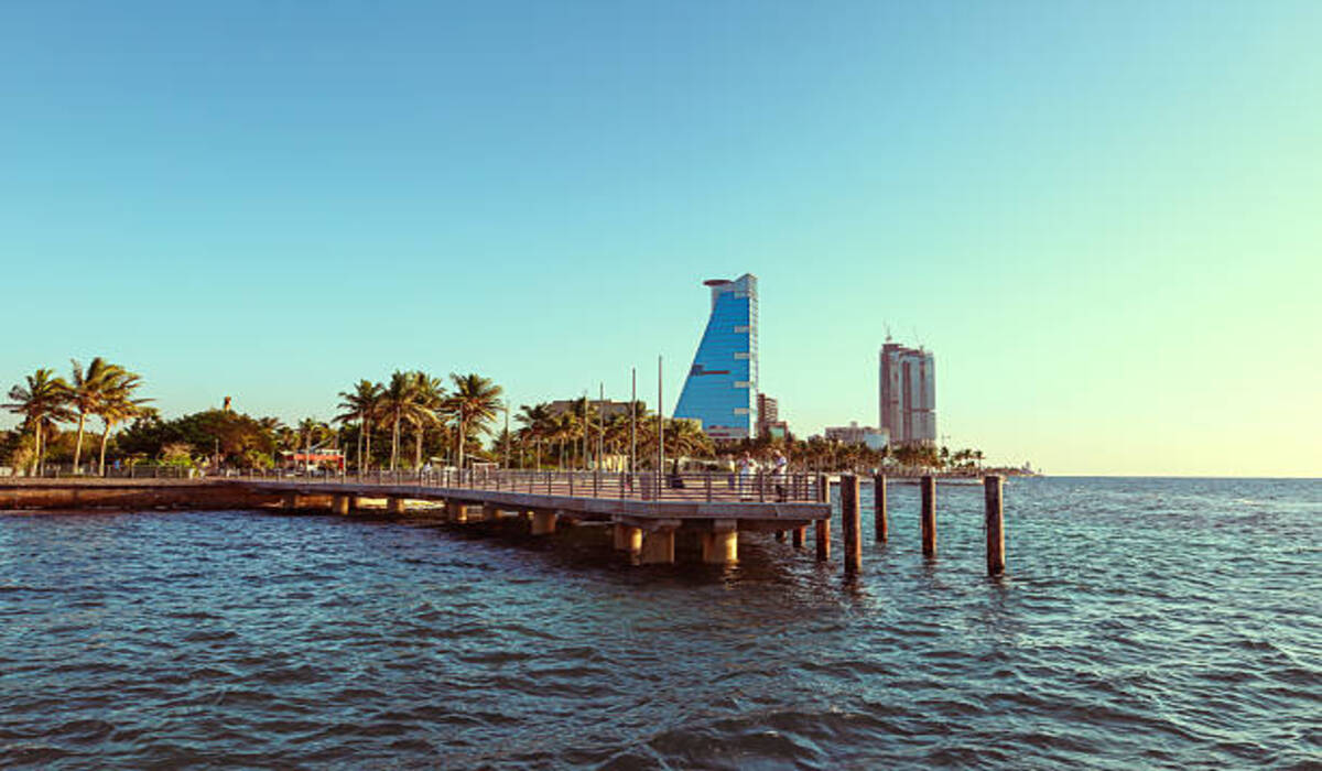 Modern skyscraper and luxury skyline on Jeddah waterfront corniche at sunset, Red Sea coast, Saudi Arabia